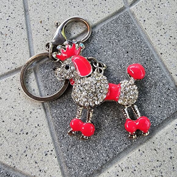 Silver Tone Crown Rhinestone Studded Poodle Princess Keychain Bag Charm - Picture 4 of 7